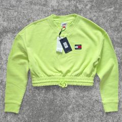 Tommy Jeans Stunning Neon Lime Green Cropped Sweatshirt Size L Y2K Drawstring Waist BNWT