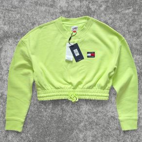 Tommy Jeans Stunning Neon Lime Green Cropped Sweatshirt Size L Y2K Drawstring Waist BNWT