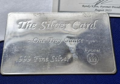 1 oz 2023 Pyromet silver .999 card with Coa in slip