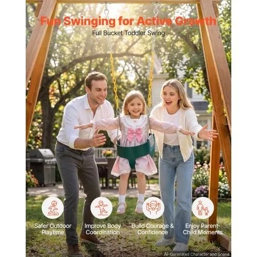 Toddler Swing 136 kg High Back Full Bucket Baby Swing Seat Green, for Outdoor & Indoor Backyard Playground, Heavy-Duty Coated Chains and Carabiners, Fully Assembled Seat for Toddlers Age 3+