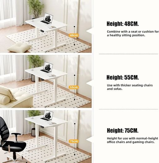 Low Height Electric Standing Desk 80x60cm, Lifts 48-75 cm, White Height Adjustable Desk, Lockable Wheels, 2 Memory Heights, 2 Hooks, Low Desk with Smart Panel, Splice Board, for Home Office