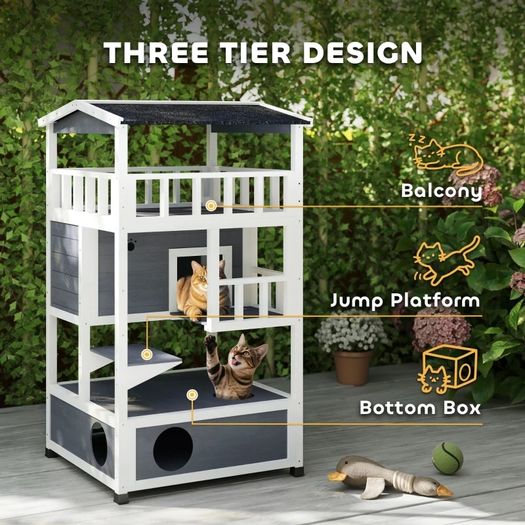 Wooden Cat House Den 3-Tier Outdoor Kitten Shelter Lodge w/ Tilted Roof Terrace Jump Step Bottom Tray Elevated Base Waterproof Paint 140 x 78 x 76cm Grey