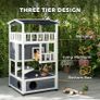 Wooden Cat House Den 3-Tier Outdoor Kitten Shelter Lodge w/ Tilted Roof Terrace Jump Step Bottom Tray Elevated Base Waterproof Paint 140 x 78 x 76cm Grey Image 3