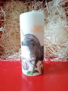 XL Happy birthday large ivory decorative pillar candle 'unicorn zebra' image