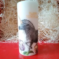 XL Happy birthday large ivory decorative pillar candle 'unicorn zebra' image