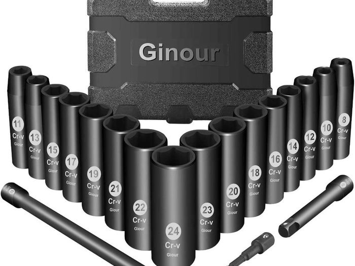 Impact Socket Set 1/2-Inch, 19PCS Drive Master Deep Impact Socket Set 8mm - 24mm, Metric, CR-V, 6 Point, with 3pcs Drive Impact Extension Bar Set 3", 5",10"