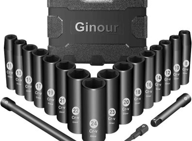 Impact Socket Set 1/2-Inch, 19PCS Drive Master Deep Impact Socket Set 8mm - 24mm, Metric, CR-V, 6 Point, with 3pcs Drive Impact Extension Bar Set 3", 5",10"