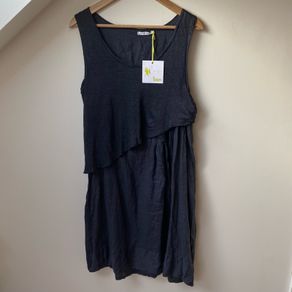 BNWT Navy Asymmetrical Layered Linen Dress Sleeveless Gathered Hem