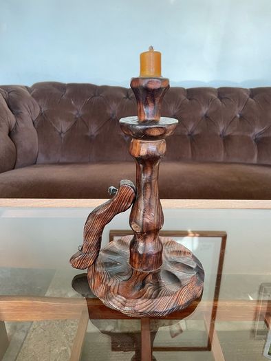 Primitive Candle Stick Antique Style Wood with Iron Tacks