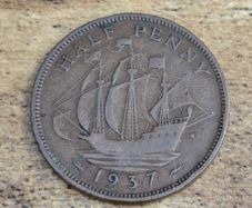 Great Britain UK 1937 Half Penny George VI Coin - free standard postage
