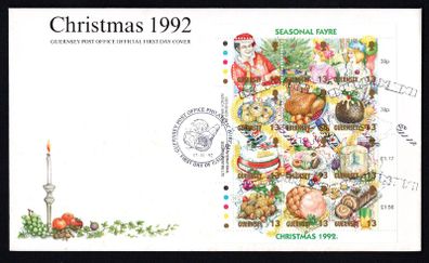 1992 Guernsey Christmas "Seasonal Fayre" Sheet Commemorative Stamps Official First Day Cover (FDC)