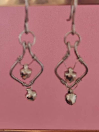 Stainless Steel Earrings with Bells, Handmade Wire Art, Geometric Dangles