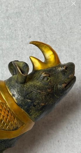 Vintage Chinese Rhinoceros (42cm/7kg) - Bronze With Gilt Accents, Stamped