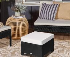 Footstool Wicker Ottoman with Padded Seat Cushion Outdoor Patio Furniture for Garden Poolside Living Room, 50 x 50 x 35 cm, Black