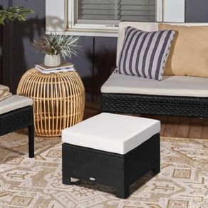Footstool Wicker Ottoman with Padded Seat Cushion Outdoor Patio Furniture for Garden Poolside Living Room, 50 x 50 x 35 cm, Black