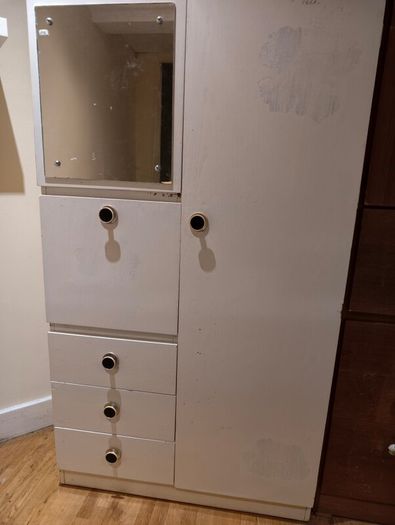 White Painted Vintage Wooden Wardrobe with Mirror, Drawers & Hanging Space