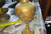 Beautiful Antique Pair of Etched Brass Vase with Red and Floral Enamel Accents