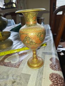 Beautiful Antique Pair of Etched Brass Vase with Red and Floral Enamel Accents