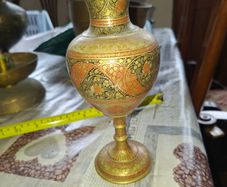 Beautiful Antique Pair of Etched Brass Vase with Red and Floral Enamel Accents
