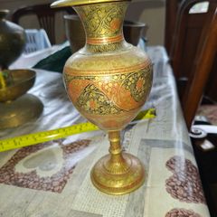 Beautiful Antique Pair of Etched Brass Vase with Red and Floral Enamel Accents