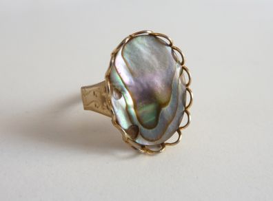 Vintage gold tone paua shell ring size O