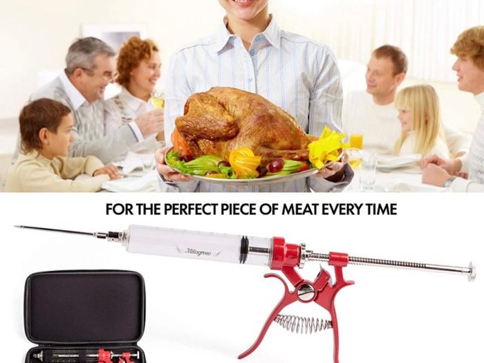 Meat Injector Marinade Gun Stainless Steel Outdoor Kit Flavor Food Syringes & 4 Marinades Needles for BBQ Grill Smoker Injectors Professional Syringe Held Culinary Barbecue Tool (FREE POSTAGE)