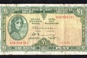 1974 Ireland IR1 Lady Lavery Banknote Series A. Note issued 17/05/74 Serial number 03K560151