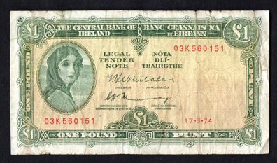 1974 Ireland IR1 Lady Lavery Banknote Series A. Note issued 17/05/74 Serial number 03K560151