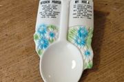 vintage Ceramic 1970s "Kitchen Prayer" and "My House" spoon rest or wall plaque featuring blue and green floral designs. 8.25" tall.