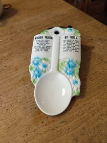 vintage Ceramic 1970s "Kitchen Prayer" and "My House" spoon rest or wall plaque featuring blue and green floral designs. 8.25" tall.