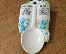 vintage Ceramic 1970s "Kitchen Prayer" and "My House" spoon rest or wall plaque featuring blue and green floral designs. 8.25" tall.