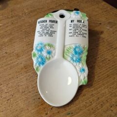vintage Ceramic 1970s "Kitchen Prayer" and "My House" spoon rest or wall plaque featuring blue and green floral designs. 8.25" tall.