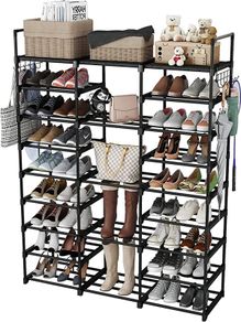 Shoe Rack 9 Tier 3 Row, Metal Shoes Storage Organiser Shelf, Holds 50-55 Pairs Shoe Boots, Stackable Stand Shoe Cabinet with Hooks, Tall Shoe Tower for Hallway Entryway, Space Saving (FREE POSTAGE)