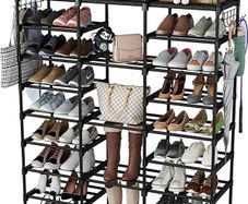 Shoe Rack 9 Tier 3 Row, Metal Shoes Storage Organiser Shelf, Holds 50-55 Pairs Shoe Boots, Stackable Stand Shoe Cabinet with Hooks, Tall Shoe Tower for Hallway Entryway, Space Saving (FREE POSTAGE)