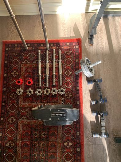 Home Gym, weights, bench, and misc