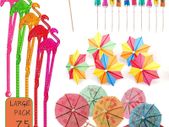 75Pcs Cocktail Accessories Stirrers, Flamingo Swizzle Sticks and 2 Kinds Paper Umbrella Sticks, Reusable Cocktail Decorations for Drinks Hawaiian Summer Party Pub Home Bar Accessories, Mixed Color