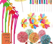 75Pcs Cocktail Accessories Stirrers, Flamingo Swizzle Sticks and 2 Kinds Paper Umbrella Sticks, Reusable Cocktail Decorations for Drinks Hawaiian Summer Party Pub Home Bar Accessories, Mixed Color