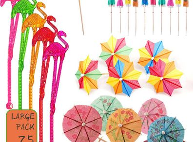 75Pcs Cocktail Accessories Stirrers, Flamingo Swizzle Sticks and 2 Kinds Paper Umbrella Sticks, Reusable Cocktail Decorations for Drinks Hawaiian Summer Party Pub Home Bar Accessories, Mixed Color