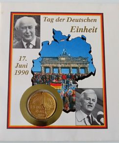 Vintage East Germany & West Germany united Gold plated 1 mark coins in Day of German Unity cover