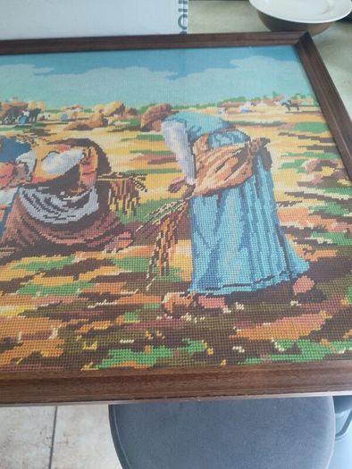 French Vintage Embroidery Picture in a wooden Frame - Women working in the Fields-70s