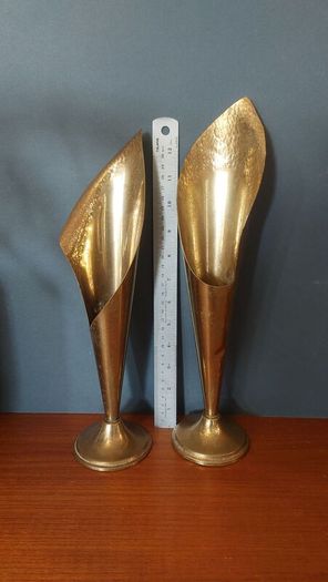 A Fabulous Pair of Rare Antique/Vintage Brass Arts & Crafts Style "Calla Lily" or "Trumpet" Vases with Hand-Beaten Repousse Finish  - Priced as a Pair, But Can be Sold Separately