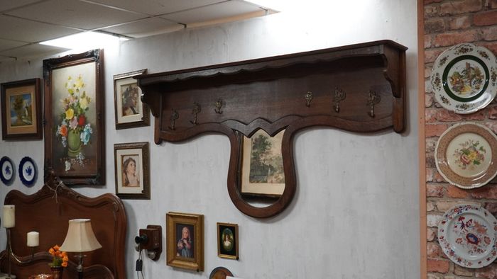 Antique French Oak Wall Coat Rack with Mirror