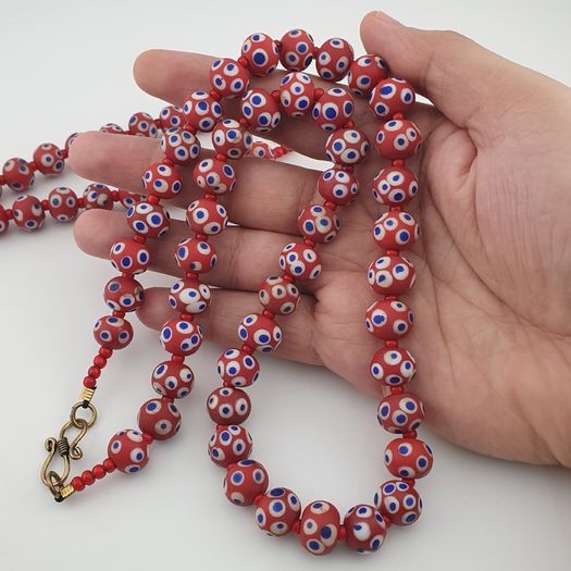 Antique Venetian Style Blue Eyes Red Glass & venetian WhiteHeart Glass Beads Necklace