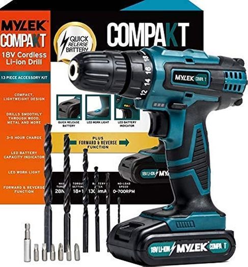 18V Cordless Drill - Lithium Ion Drills Driver Screwdriver Set - 13 Piece Combi Accessory Kit - LED Worklight, 18 Volts (FREE POSTAGE)