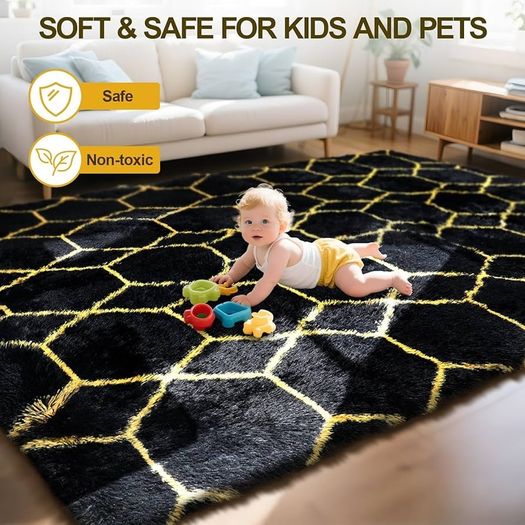 Geometric Rugs Living Room-160x230cm Extra Large Black Rug, Ultra Soft Fluffy Shaggy Rug for living room, Washable Anti Slip Area Rug Carpet