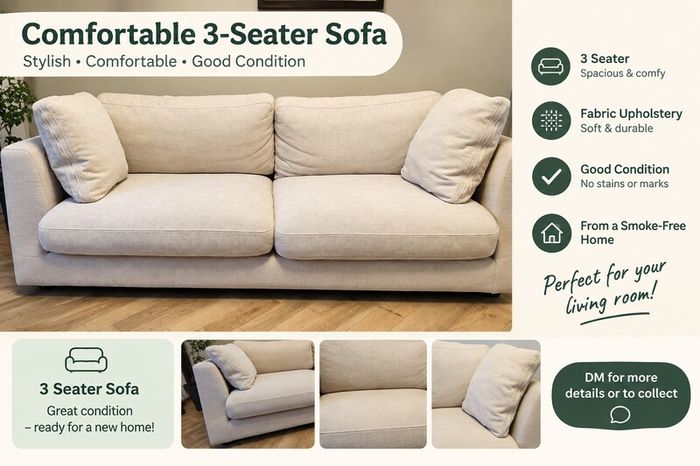 Brand New Comfortable 3 Seater Fabric Sofa Cream Beige Unused Condition