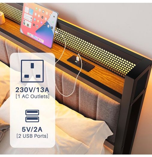 Single Bed Frame with Upholstered Headboard, No Box Spring Needed Wooden Storage Headboard Shelf, 3ft Upholstered Bed Frame with Charging Station/USB Ports and LED Lights (Gray Single Bed)
