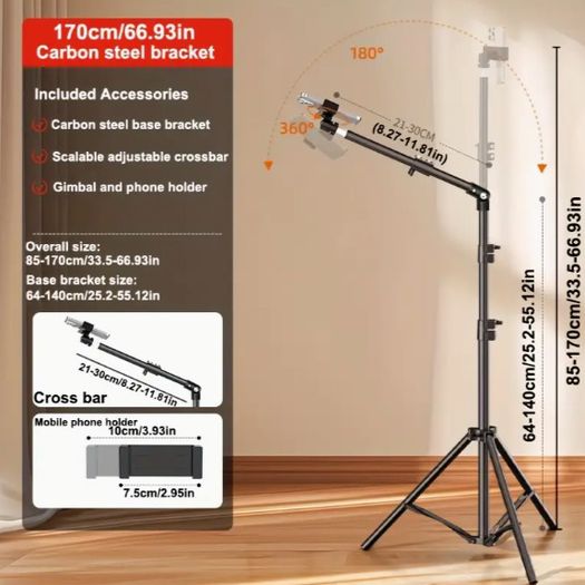 Tripod Stand Adjustable 70-Inch Carbon Steel with Telescopic Arm & Phone Holder - 20722
