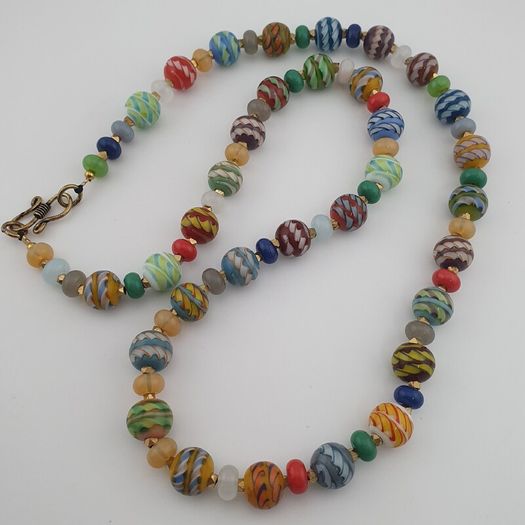 Antique Venetian Style MultiColor Stripe`Pattern Glass Beads Necklace