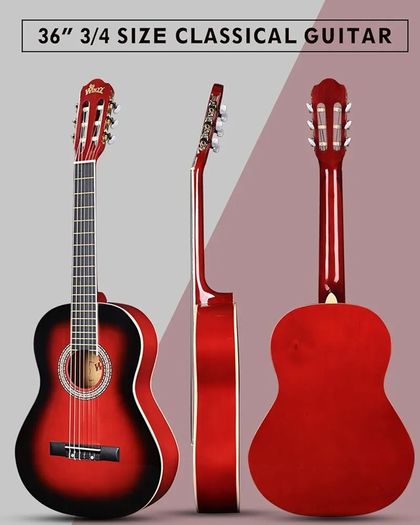 3/4 Classical Guitar for Kids Teenager Students Beginners with Nylon-String (36 Inches, Red Glossy)